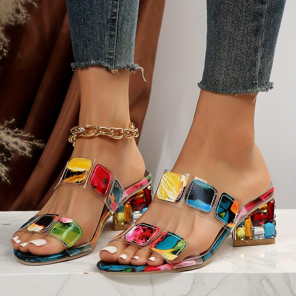 2025 Women's Colorful Chunky Heeled Sandals Rhinestone Decor Slip On Open Toe Mid Heels Stylish Daily Wear Sandals