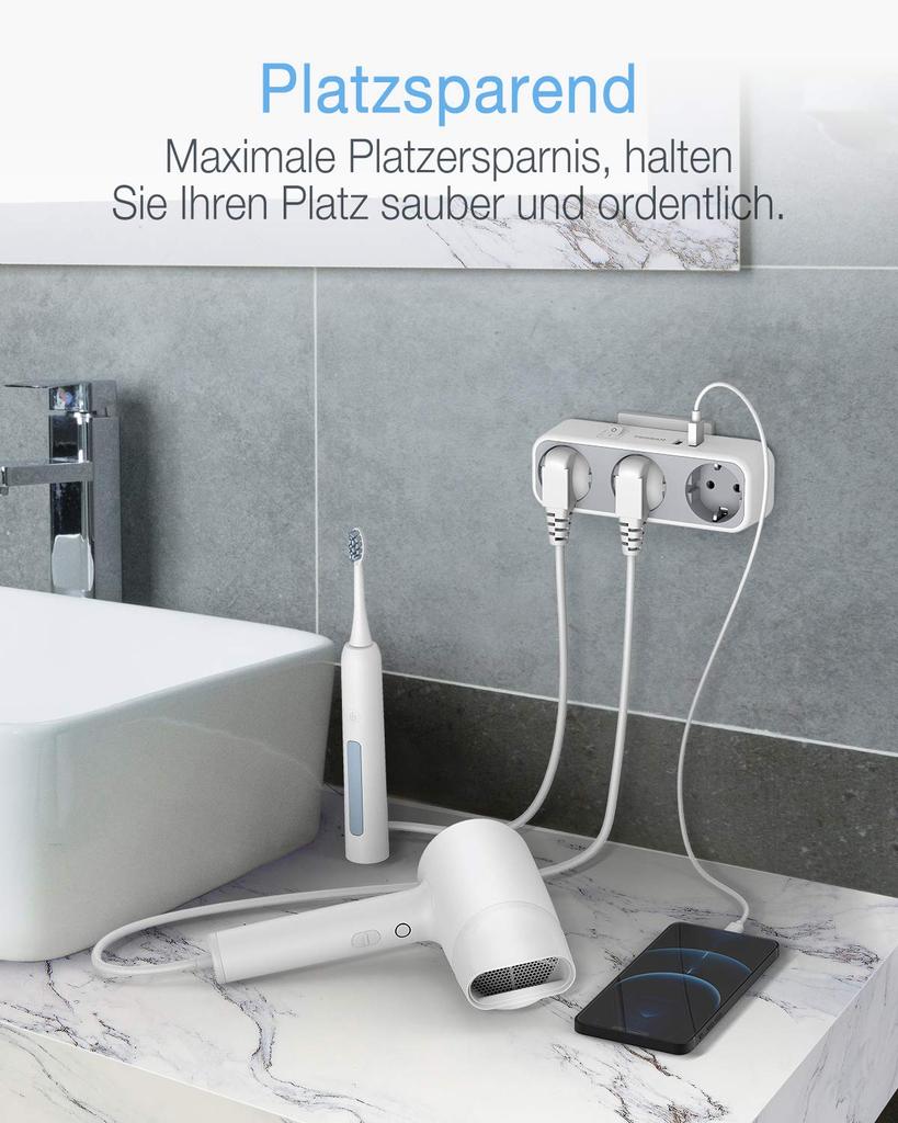 Tessan European Outlets Extender Power Strip with 1/3 AC Outlets, 2 USB Charging Ports and On/Off Switch EU Wall Socket for Home, Office, Travel