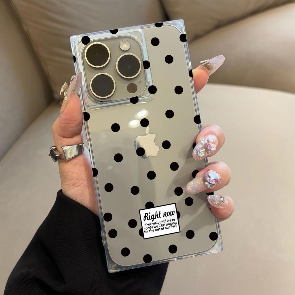Square Back Tube Protection Clear Case For iPhone 12 16 ProMax 11 15 Plus 14 Pro Max 13 Anti-Oxygen,Black Polka Dots Pattern Casing