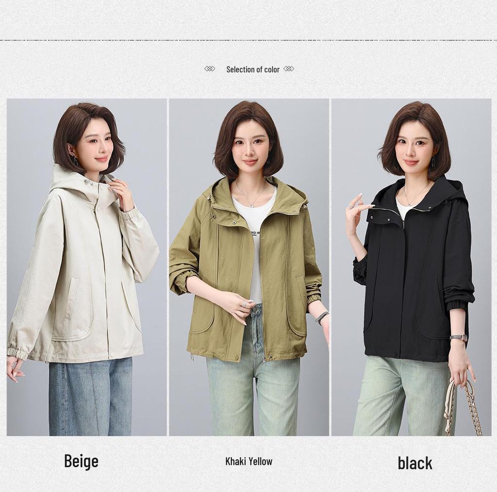 Женская куртка с капюшоном на весну и осень 2024 года: Модный, Повседневный, Свободный крой для среднего и пожилого возраста