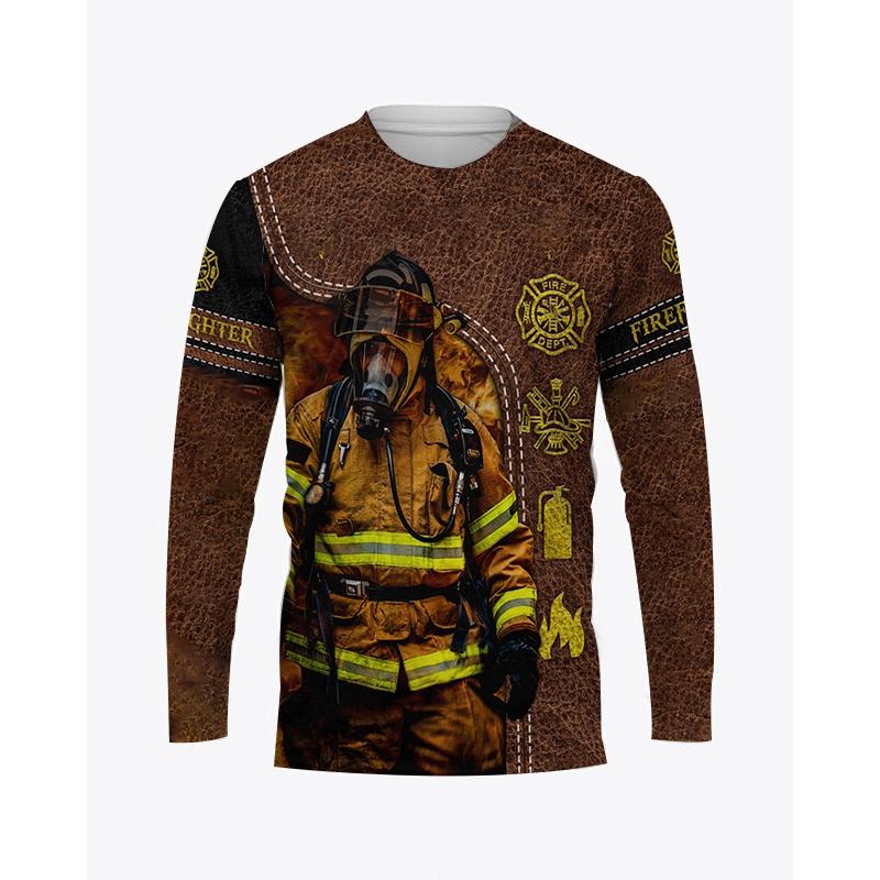 Осенняя мужская футболка с круглым вырезом и графическим принтом пожарного, повседневный пуловер большого размера с длинными рукавами, модная уличная мужская одежда