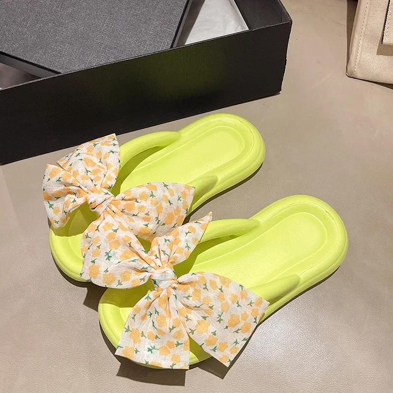 2024 Летние женские шлепанцы EVA с бантами, мягкие нескользящие женские тапочки Cloud, пляжная женская обувь, повседневные тапочки на плоской подошве, шлепанцы