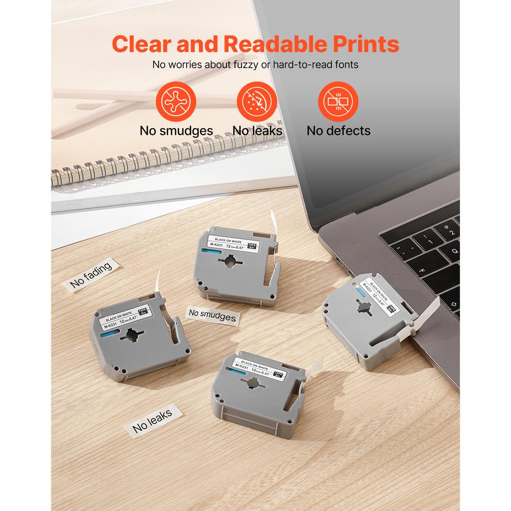 SucceBuy 4PCS 12mm M-K231 Label Maker Tape Black On White Label Ribbon Cartridge Compatible for Letra Tag of Brother Labelers