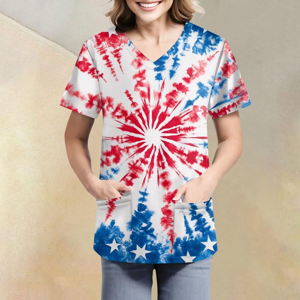 Women's Fashion V-neck Short-sleeved Work Dress With Pockets Independence Day Printed Top Carer Suit