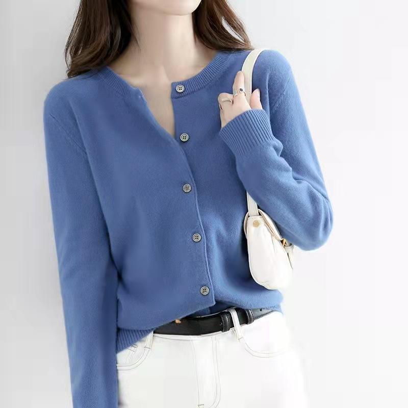 Весна Осень Круглый вырез Вязаный кардиган Женский свободный свитер куртка однотонная нижняя часть куртка