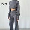 2 Pcs/Set Women Top Pants Suit High Collar Long Sleeve Loose Short Sweatshirt Elastic High Waist Wide Leg Solid Color Pants Sports Jogging Fall
