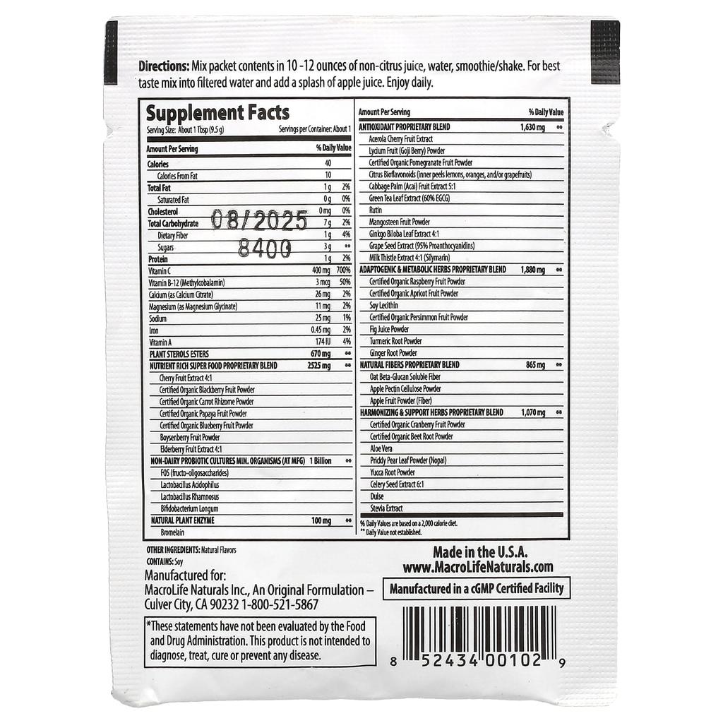 Macrolife Naturals Miracle Reds, Superfood, Goji Berry, Pomegranate, Acai, Mangosteen, 0.3 Oz (9.5 G)