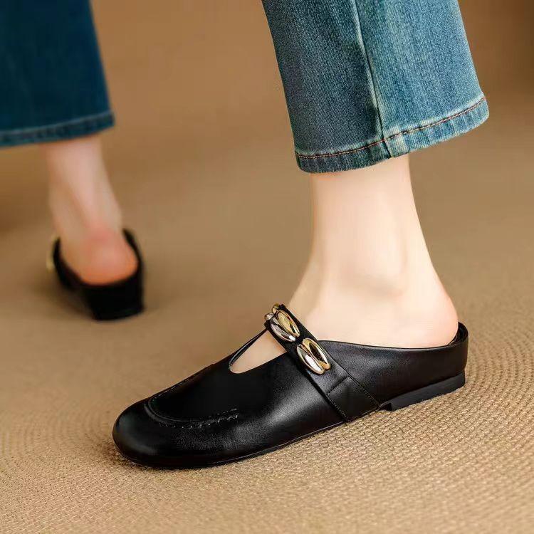 Huge comfortable French leather bag head half slippers women's summer wear 2025 new flat bottom inner height increase sandals women's shoes
