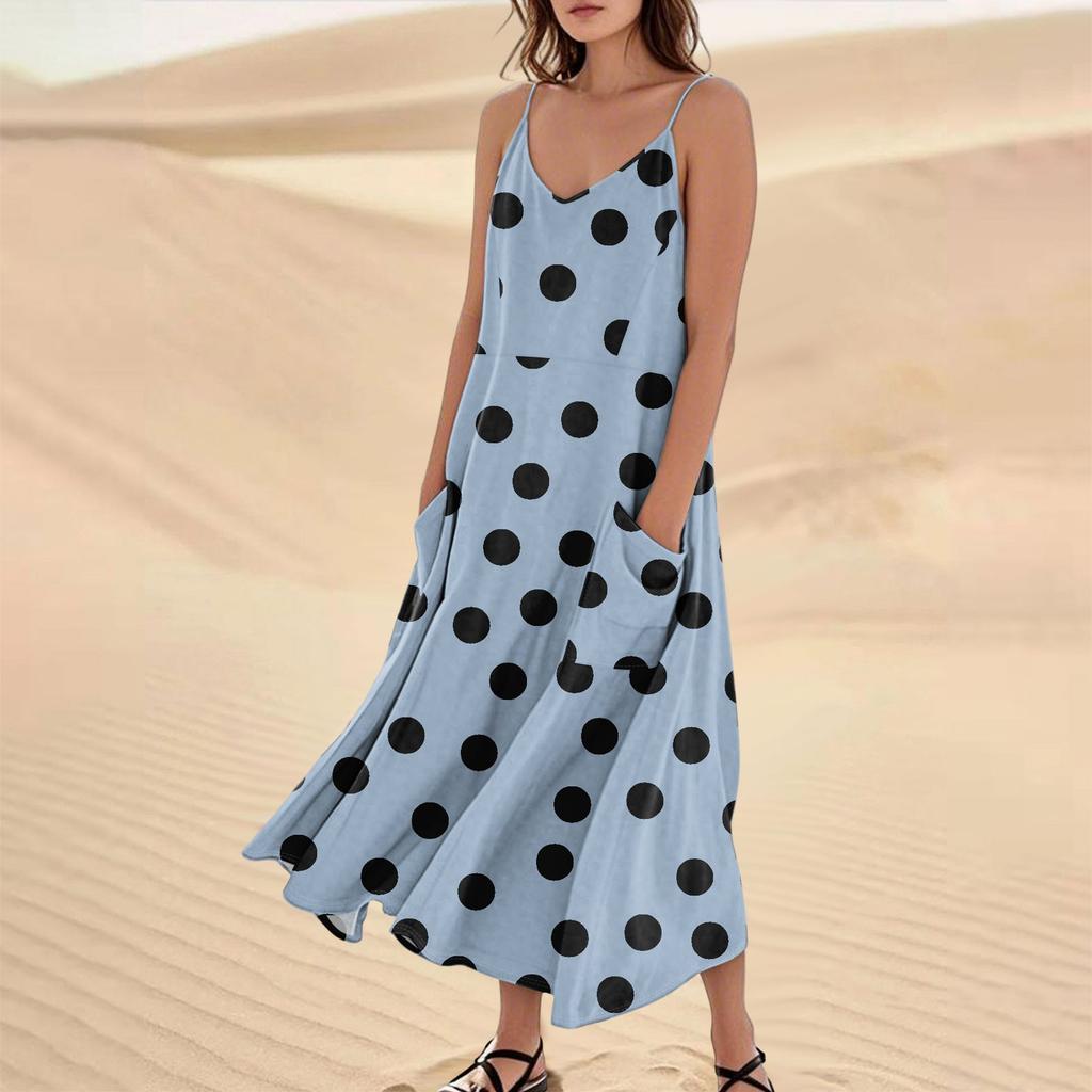 Women's Casual V Neck Dot Print Sleeveless Pocket Suspender Dress