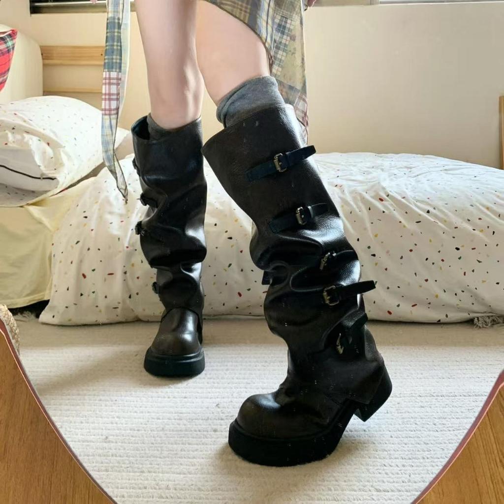 Punk Wasteland~ Tall Knight Boots Long Boots 2025 Autumn and Winter New Retro Pile Boots Fleece Pants Tube Boots Women