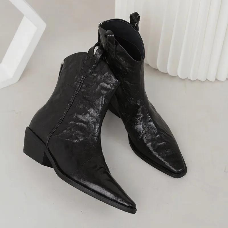 Women's Pointed Toe Western Boots Autumn Comfortable Back Zip Short Boots Solid Color Thick Heel Shoes Zapatos De Mujeres