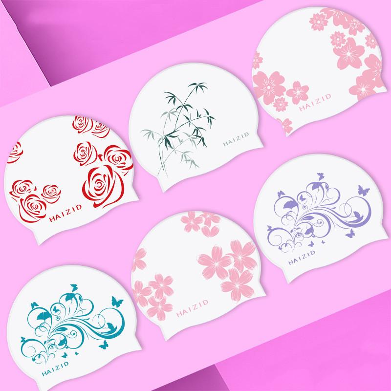 Силиконовая шапочка для плавания со свежим сладким цветочным принтом для женщин, модная шапочка для плавания с длинными волосами, защита ушей, аксессуары для бассейна