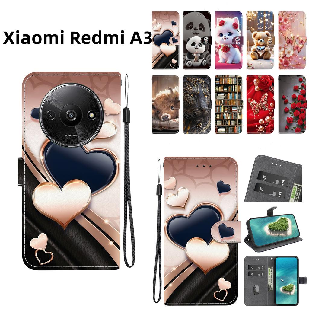 Handmade PU Leather Flip Case for Xiaomi Redmi A3 Anti-Slip Shockproof Cover with Wrist Strap & Heart/Rose Cat Designs