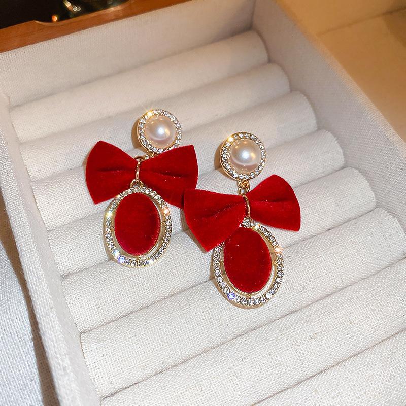Vintage Red Flocking Earrings Collection Bow Knot Earstuds Vintage Style Earrings Jewelry Gift