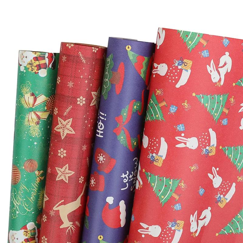 10M/roll Kraft Christmas Wrapping Paper Cartoon Santa Claus Elk Gift Box Packaging Material New Year Xmas Party Diy Decoration