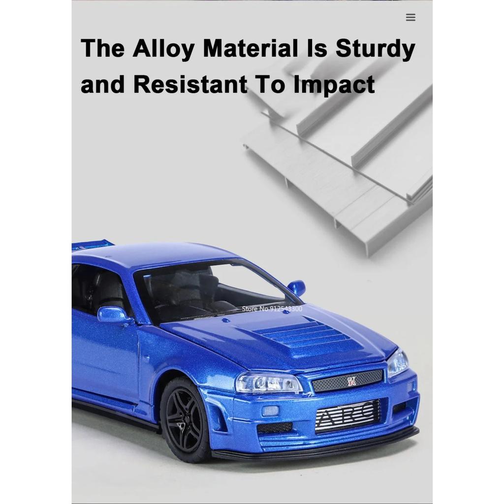 1/32 Nissan GTR R34 Модель автомобиля Игрушки Металлические литые имитационные транспортные средства со светом и инерционными игрушками Коллекция для мальчиков Подарки на праздники