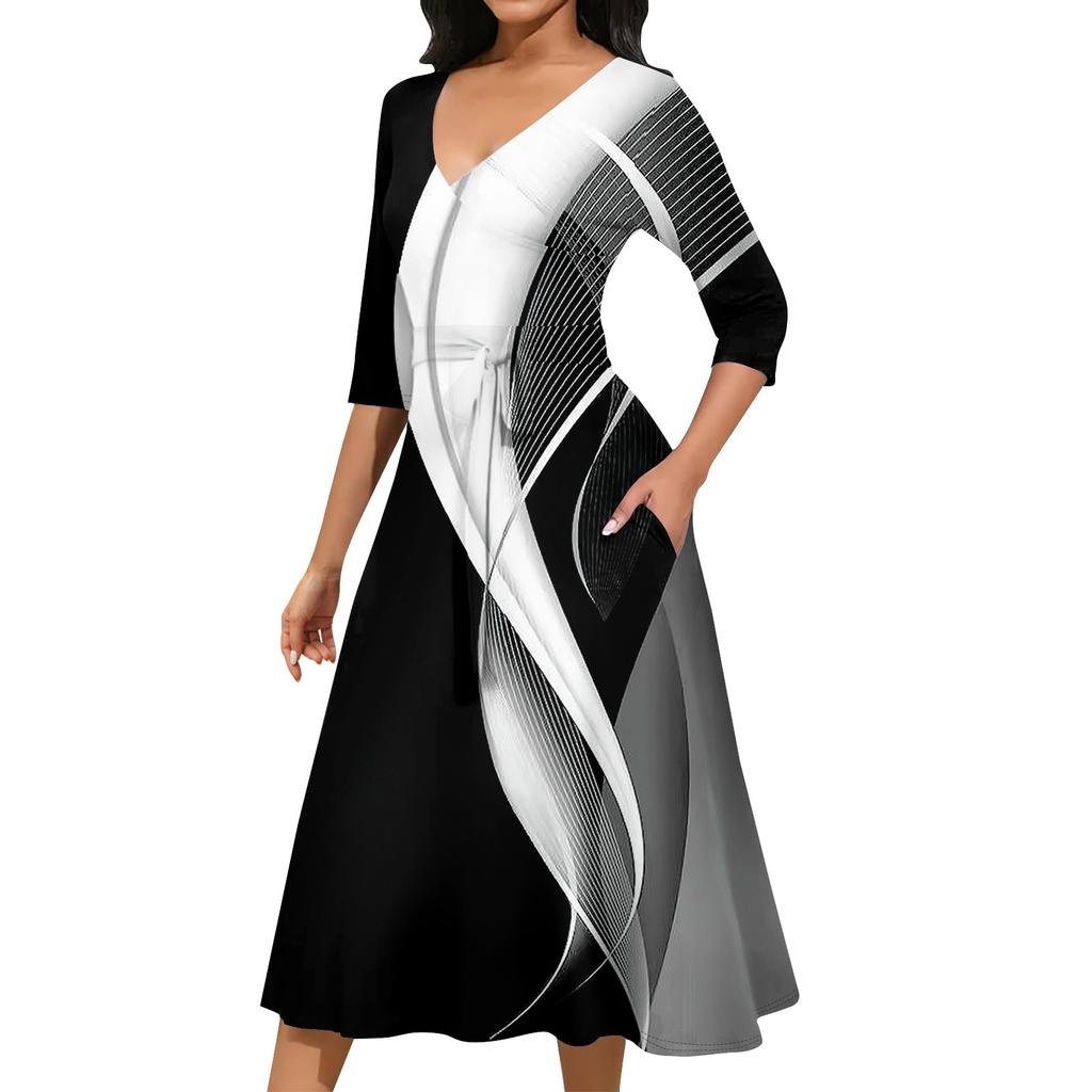 Женское повседневное модное платье миди с V-образным вырезом и рукавом три четверти