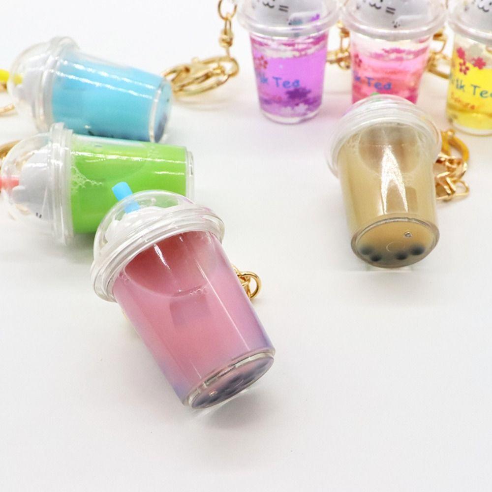 Bag Charm Cat Pearl Milk Tea Cup Keychain Key Chain Soft Drink Keyring Floating Drink Keyring