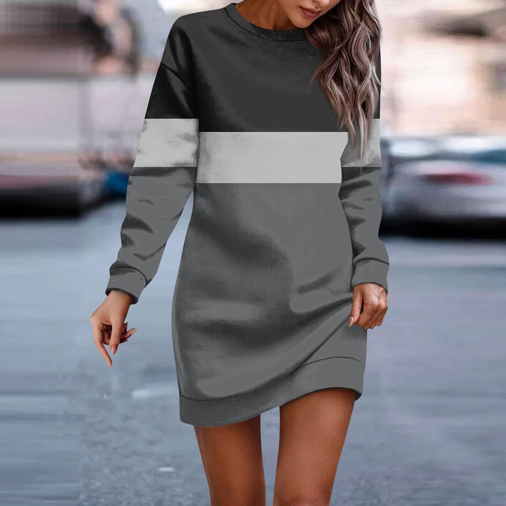 Women's Round Neck Striped Patchwork Printed Long Sleeve Hip Dress Sweatshirt Dresses