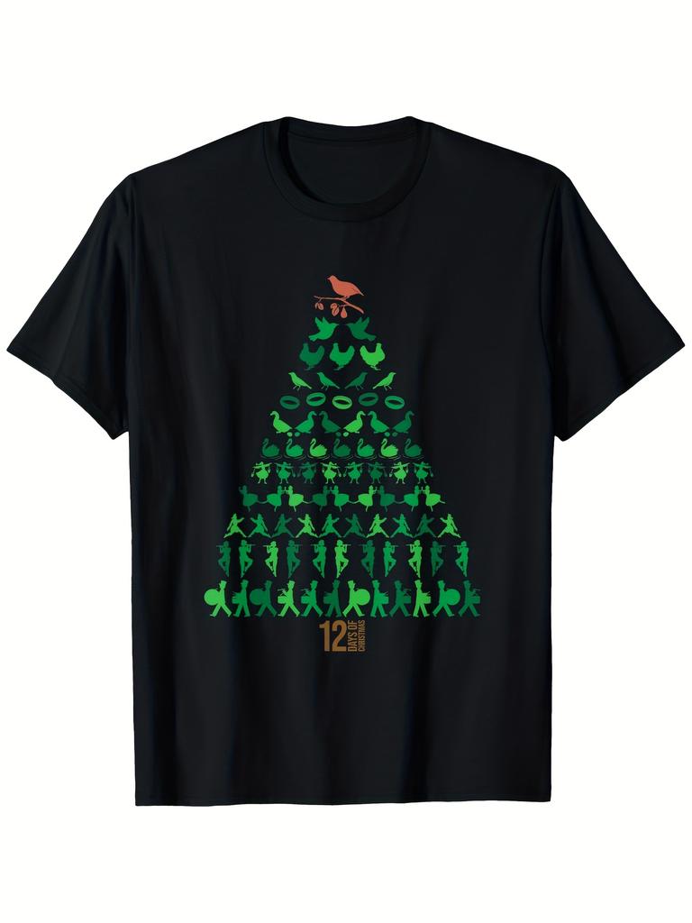 12 Days of Christmas Tree Graphic Tee Mens Cotton Crew Neck Casual Short Sleeve TShirt