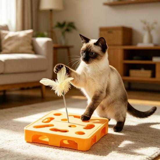 Interactive Puzzle Toy for Cats Puzzle Box with Jingle Balls Spring Feather Wand Cat Enrichment Toy for Indoor Cats Mental Stimulation And