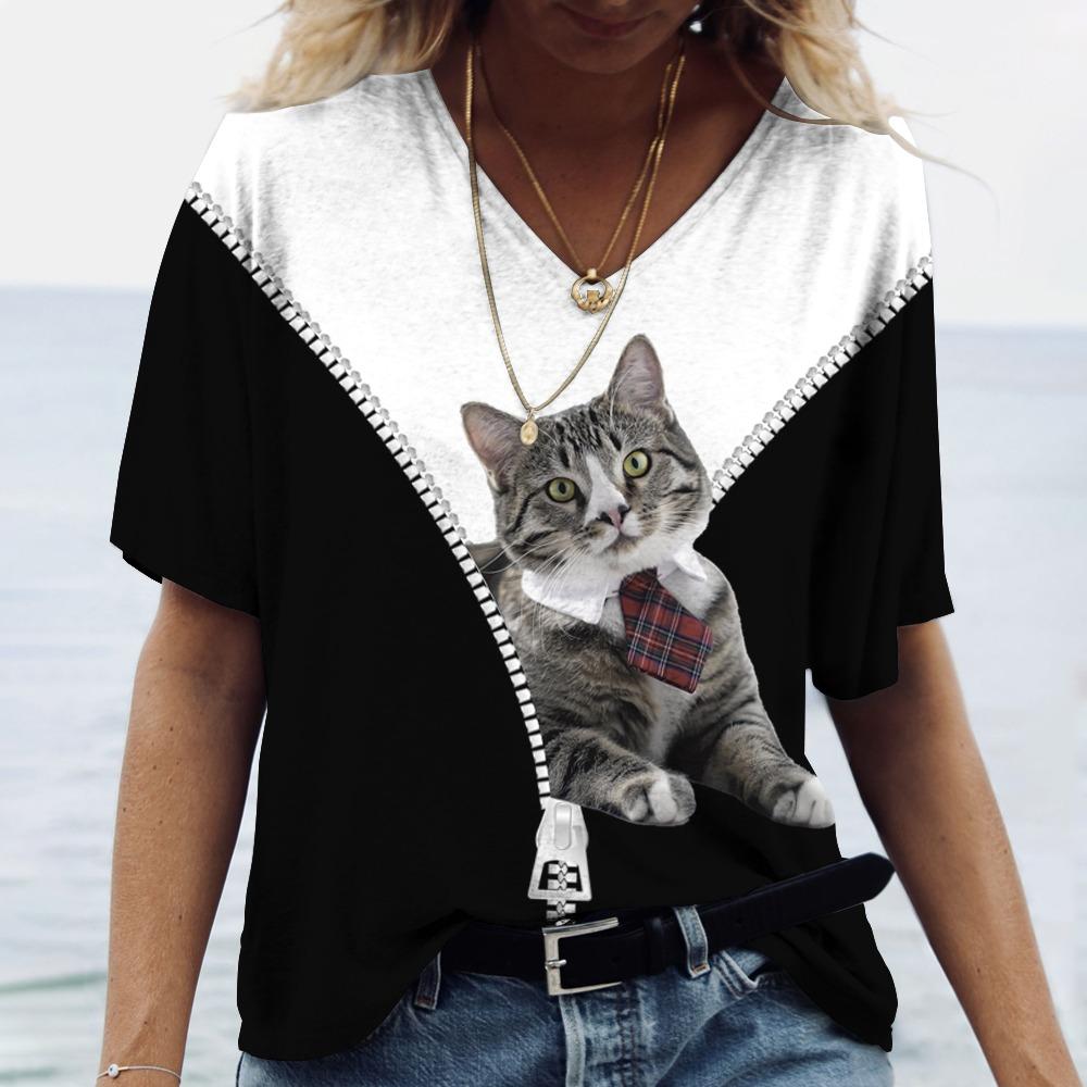Футболка с 3D принтом кота, женские футболки большого размера с v-образным вырезом, топы, женские повседневные модные футболки с короткими рукавами, уличная одежда, женская одежда Y2k