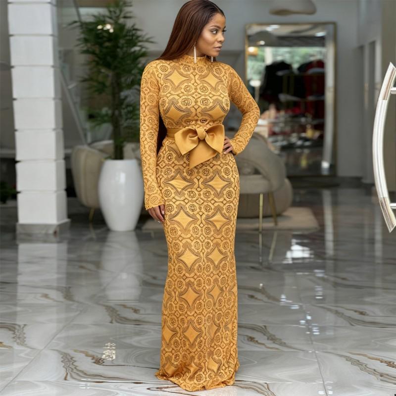 2026 Sexy Gold Maxi Dress Butterfly Belted High Neck Gown Cape Party