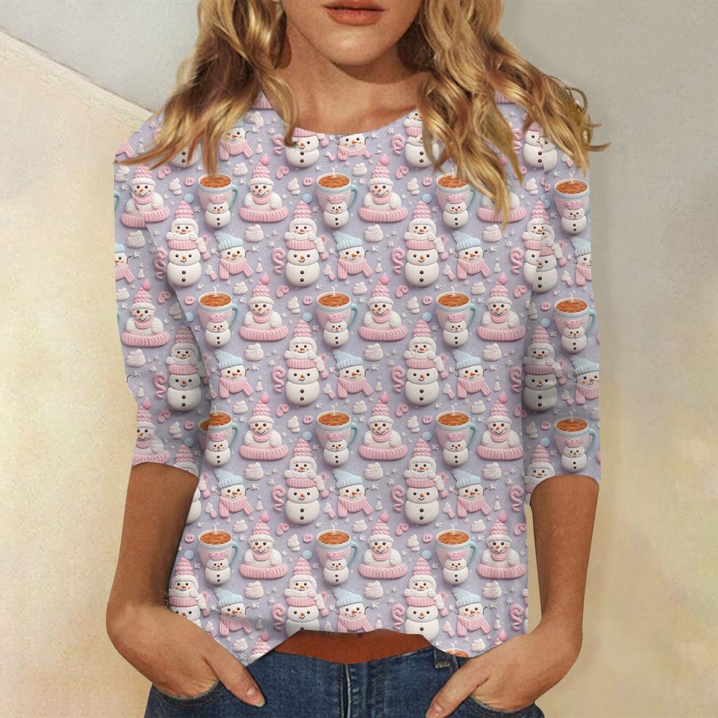 Женская модная повседневная футболка с рукавом три четверти и рождественским принтом, с круглым вырезом