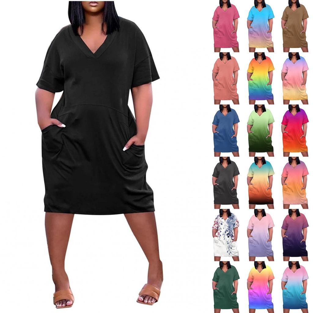 Лето плюс размер V-образным вырезом с коротким рукавом и карманом до колена с градиентным принтом повседневное платье для женщин