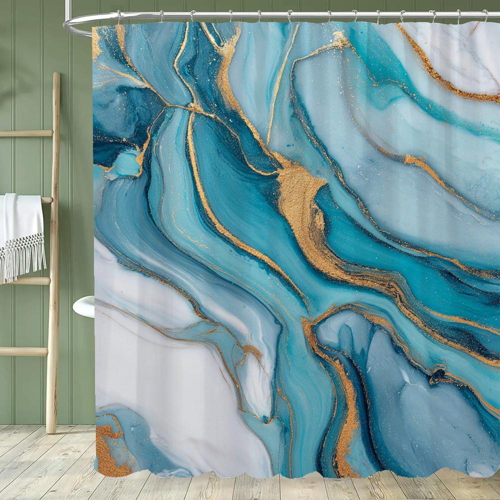Сине-золотая текстурированная мраморная шторка для душа Черно-белый натуральный художественный узор Полиэстеровая ткань Стираемая шторка для душа Декор для ванной комнаты