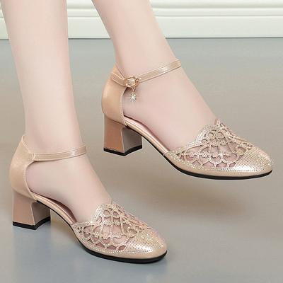 Летние босоножки со стразами Niche, нескользящие женские туфли в западном стиле на низком каблуке, удобные дышащие полые туфли для мам