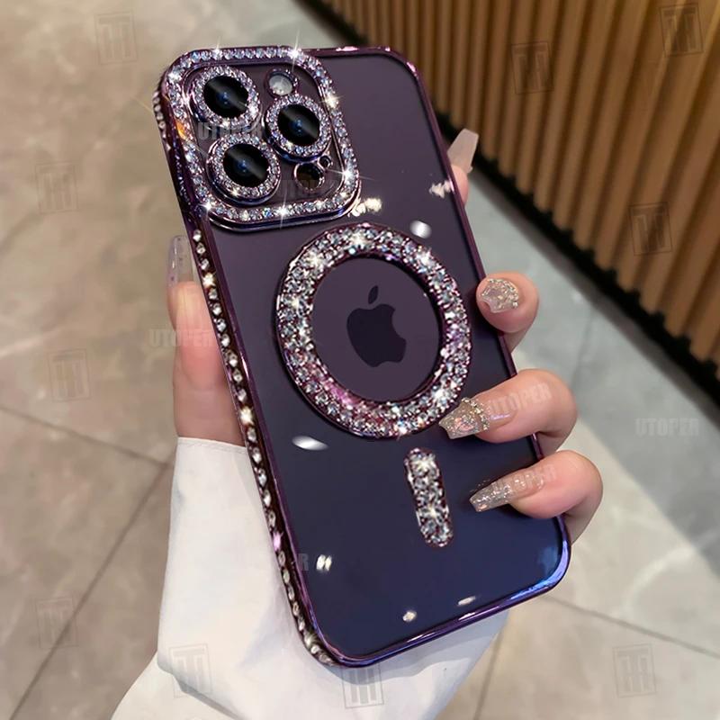 High-grade Glitter Rhinestones Phone Case For iPhone 16 15 11 12 13 14 Pro Max 16 Plus Magsafe Magnetic Clear Lens Protect Cover