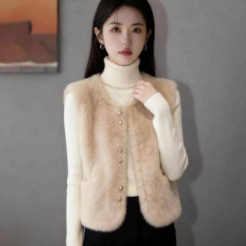 Korean Style Elegant Sleeveless Faux Rabbit Fur Thick Warm Vest