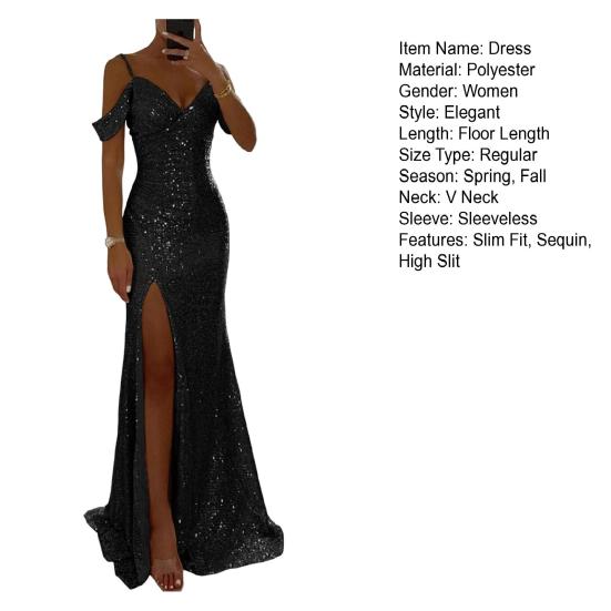 Женское вечернее платье с открытыми плечами, V-образным вырезом, боковыми разрезами, длиной до пола, бальное платье с пайетками, без рукавов, облегающее, для выпускного, свадьбы, банкета, макси-платье