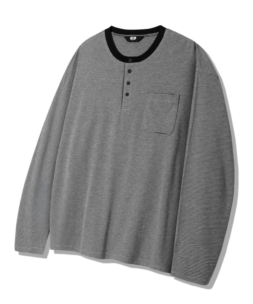 TRILLION Thin Stripe Pocket Henley Neck Long Sleeve_4Color