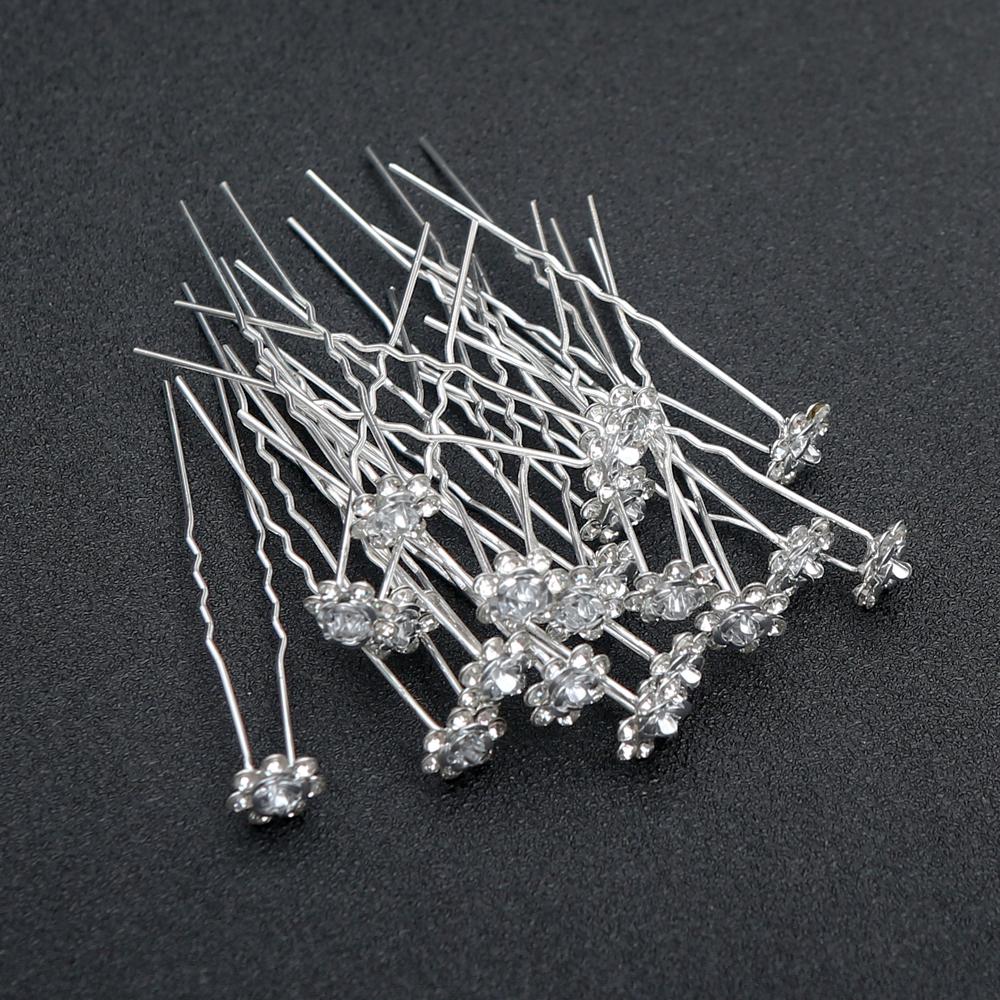 20pcs Fashion Bridal Rhinestone Hair Fork Artisan Alloy U-Pin with Rose Accent Wedding Hair Sticks for Brides Vintage Glamour