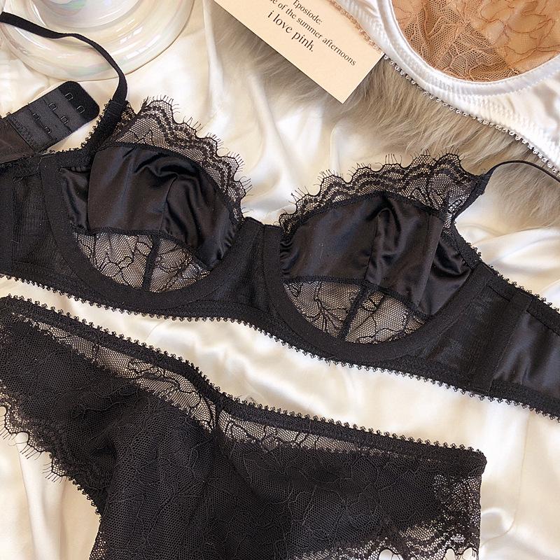 French Ultra Thin Lace Splicing Bra Set for Women Underwear Sexy Silk Breathable Bra and Panties Set Summer Comfortable Lingerie