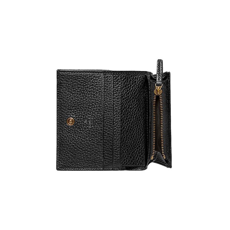 Gucci Animalier distressed metal bee decoration hot stamped slogan bifold leather wallet card holder women's black