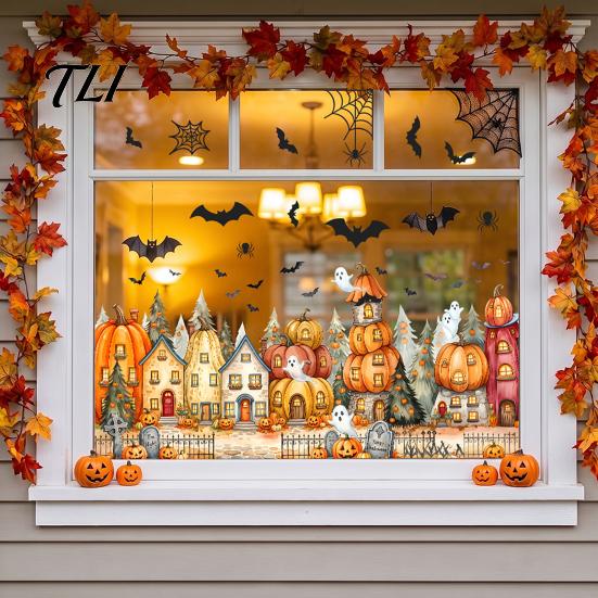 Easy Apply Glass Clings Halloween Window Clings, Pumpkins Skeletons Ghosts And Bats Print Decorative Decals, Electrostatic PVC Static