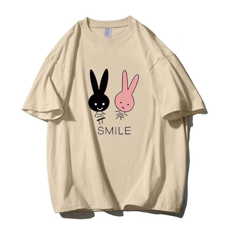 Shellsuning Cute Bunny Graphic Printed T Shirts Women Summer Casual Loose O Neck Short Sleeve Tees Female Trendy 100% Cotton Tops Lady