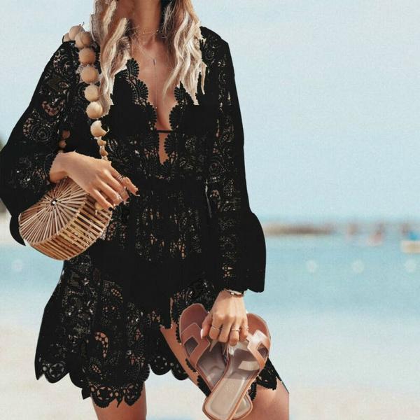 Летнее женское бикини с глубоким V-образным вырезом и цветочным кружевом, ажурный вязаный крючком купальник, накидка, купальный костюм, пляжная одежда, туника, пляжное платье