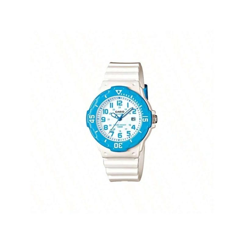 Casio Водонепроницаемость 100 метров, кварцевый механизм, полимерный ремешок, женские часы с белым циферблатом, модель LRW-200H-2B.