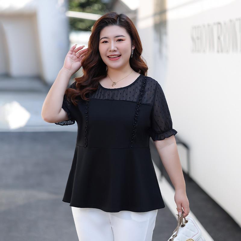 Женский летний топ с короткими рукавами, размер Plaque, свободный, эластичный и закрывающий горшок шифон