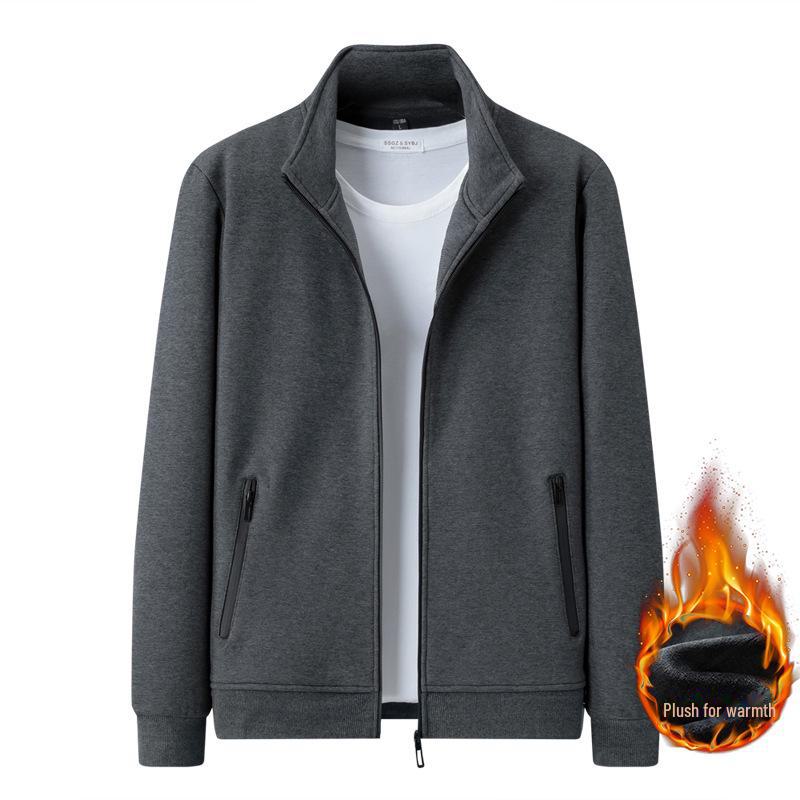 Men's Solid Color Stand Collar Cardigan Sweater with Velvet, Customizable Logo, Spring/Autumn Casual Sports Jacket.