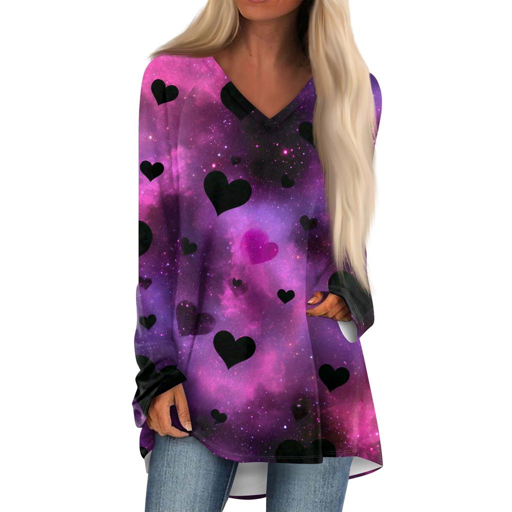 Women's Fashionable Casual Long-Sleeved Valentine's Day Print V-Neck Mid-Length Top