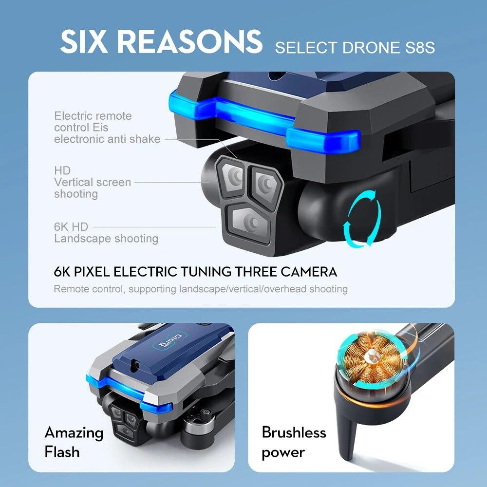 Новый Дрон S8S 8K Профессиональная 3-кадровая аэрофотосъемка Всенаправленная четырехроторная камера для предотвращения препятствий UVA EIS Оптический поток WIFI Игрушечный самолет