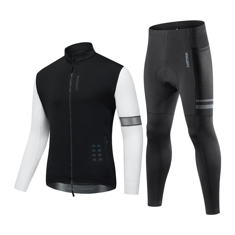 Wosawe Winter Men Cycling Set Thermal Fleece Soft Shell Jacket High Stretch Bicycle Riding Long Pants Warm Outdoor Sports Wear