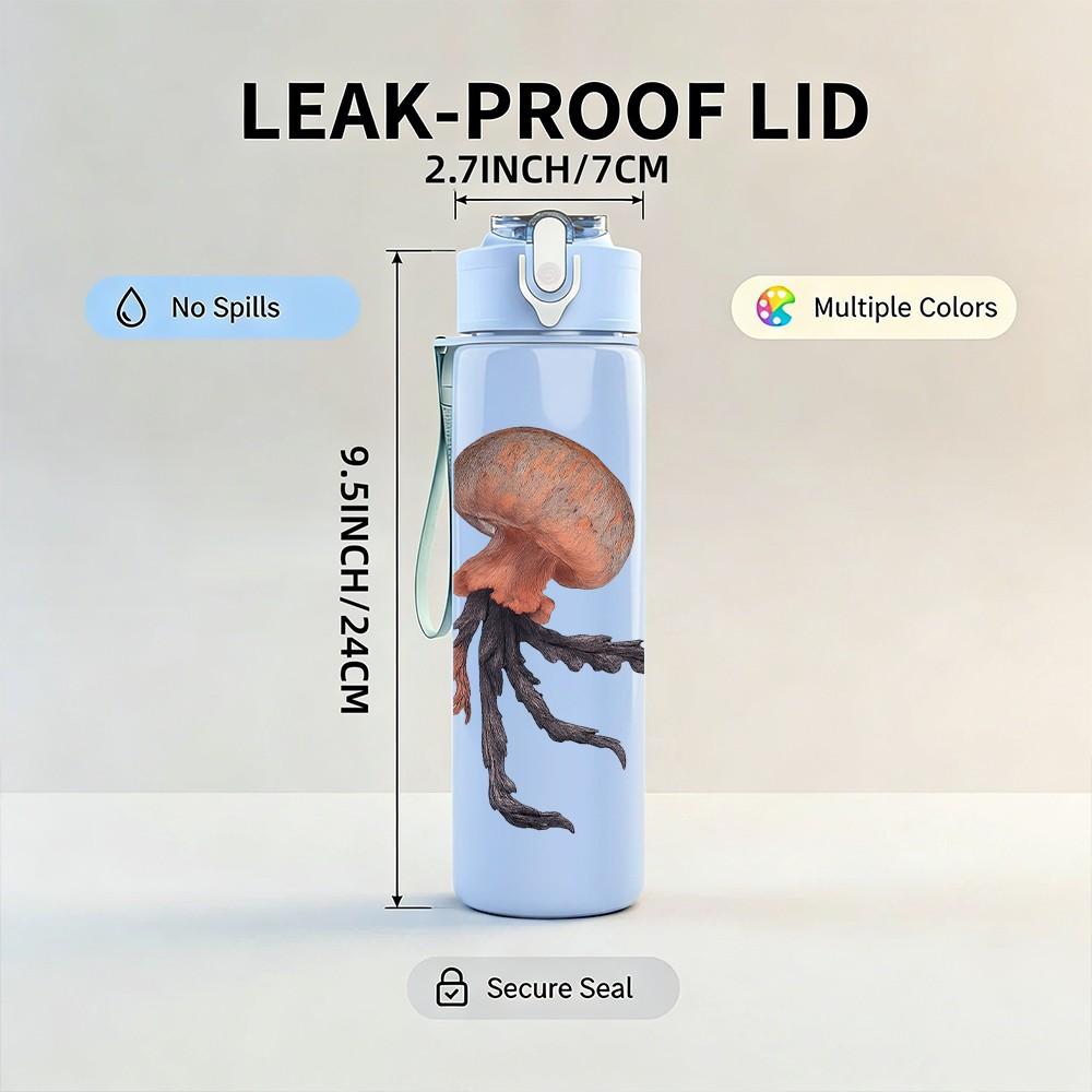 1PC Floating Jellyfish Illustration 750ml Color Plastic Sports Water Bottle Leakproof Flip Straw Lid Suitable for Sports Office Home Use