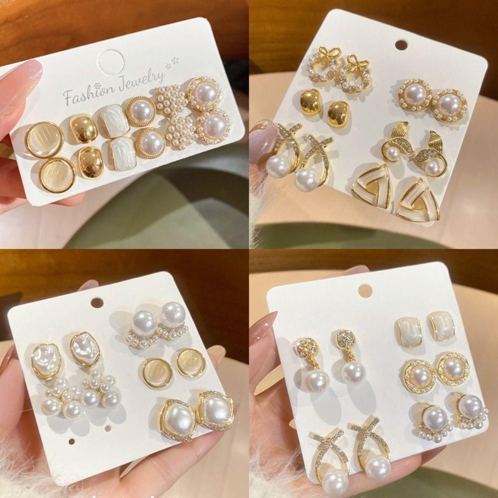Small Pearl Earrings Round Square Imitation Pearl Earrings  for Women Daily Jewelry Sets