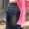 Women Skirt A-line Big Swing Denim Retro Pockets Patchwork Solid Color High Waist Button Zipper Closure Ankle Length Ripped Edge Lady Maxi Skirt